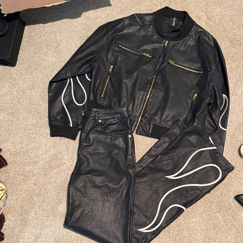 Black Leather Bomber set with White Flame Detailing